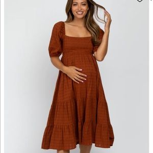 PinkBlush Rust Plaid Square Neck Maternity Midi Dress